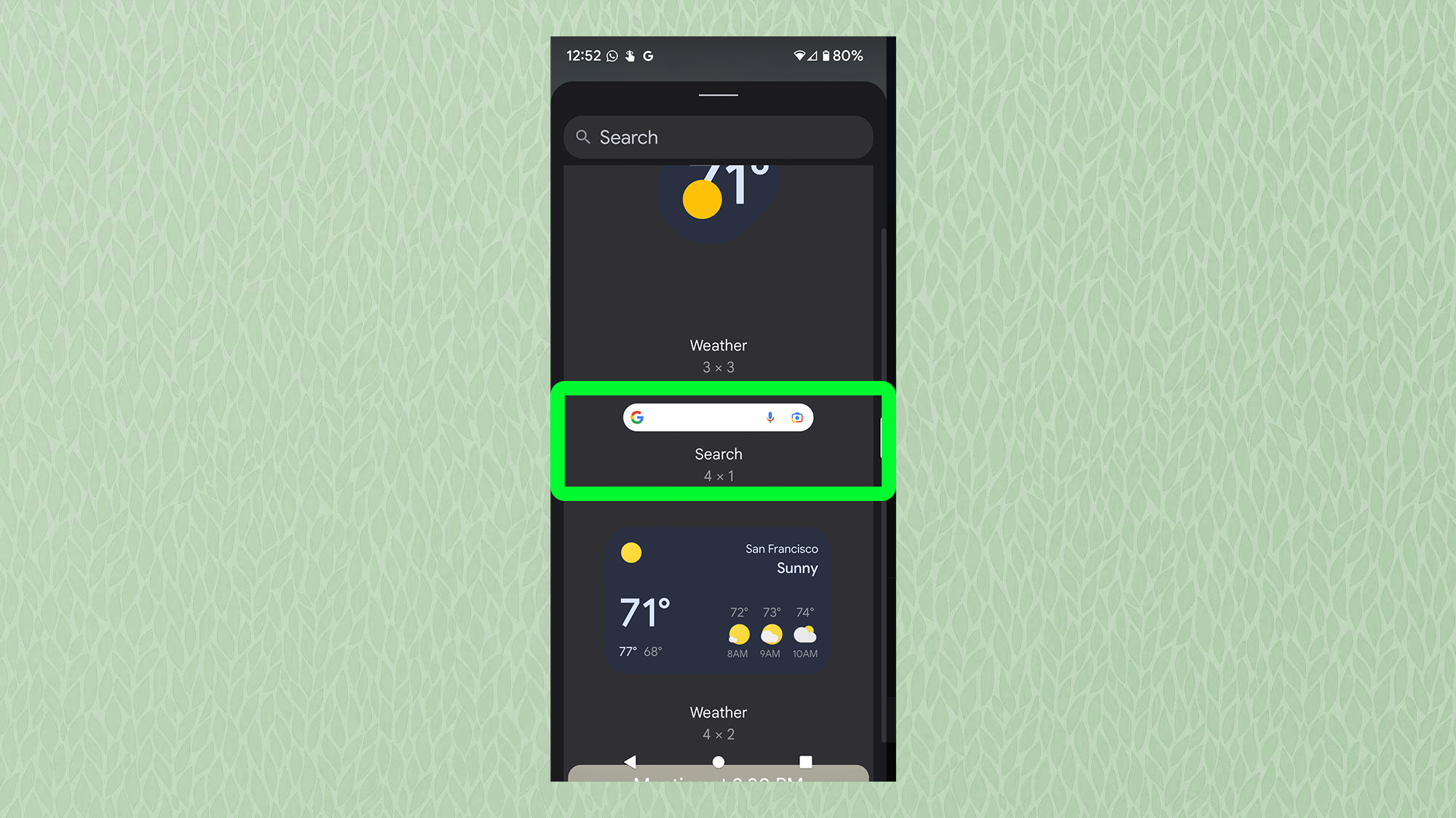 Снимок экрана с Android, показывающий меню виджетов Google с выделенной панелью поиска