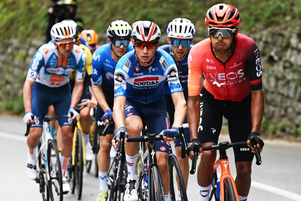 COMO ITALY OCTOBER 12 LR Mauri Vansevenant of Belgium and Team Soudal QuickStep and Brandon Smith Rivera of Colombia and Team INEOS Grenadiers compete in the breakaway during the 118th Il Lombardia 2024 a 255km one day race from Bergamo to Como UCIWT on October 12 2024 in Como Italy Photo by Tim de WaeleGetty Images
