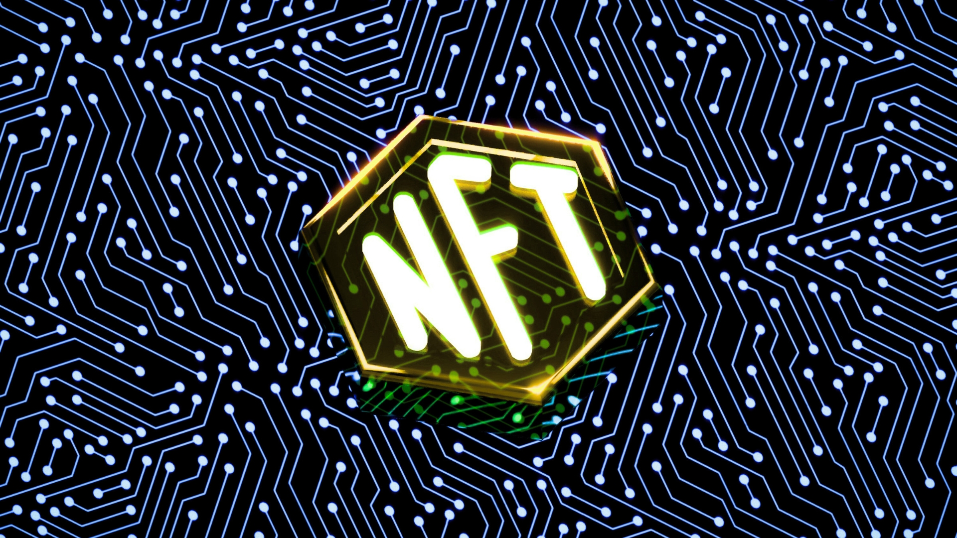 an NFT logo on top of a circuit board design