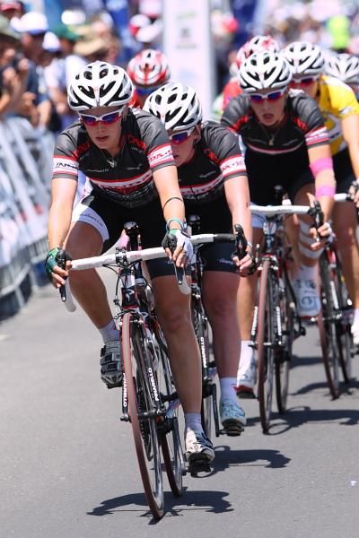 Tiffany Cromwell leads the Honda train with one lap to go.
