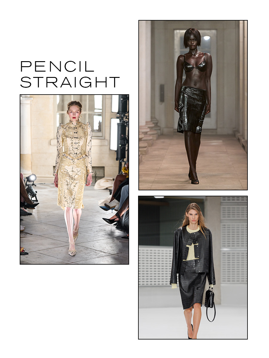 A slide with images from the S/S 27 London Fashion Week shows with the title, "Pencil Straight," representing pencil skirts on the runway.
