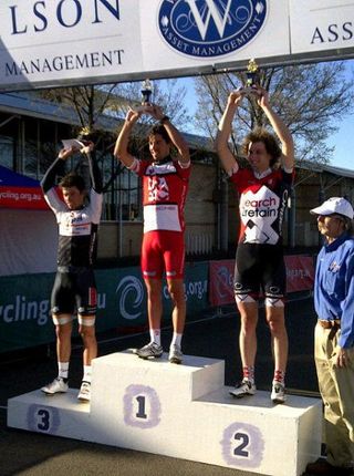 The Wilson Asset Management Criterium podium: Josh Taylor (GPM-Wilson Racing), Lachlan Norris (Drapac Professional Cycling) and Neil Van Der Ploeg (Search2Retain)