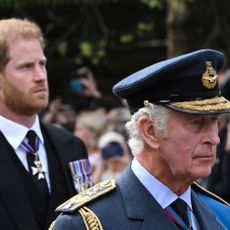 King Charles III and Britain's Prince Harry, Duke of Sussex walk behind the coffin of Queen Elizabeth II, adorned with a Royal Standard and the Imperial State Crown and pulled by a Gun Carriage of The King's Troop Royal Horse Artillery, during a procession from Buckingham Palace to the Palace of Westminster, in London on September 14, 2022