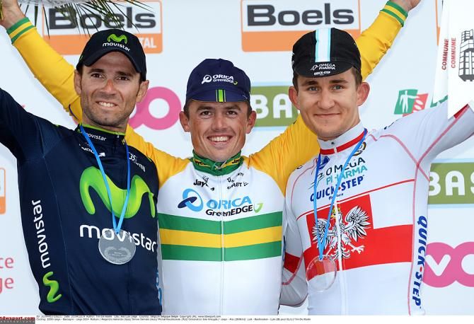The 2014 Li&egrave;ge - Bastogne - Li&egrave;ge podium: Alejandro Valverde, Simon Gerrans and Michal Kwiatkowski