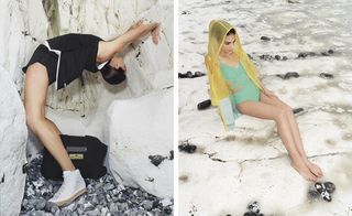 Model on left is wearing black yoga wear and the model on the right is wearing teal swimwear