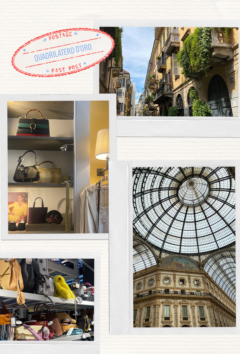 a collage of images showing the Quadrilatero d'Oro shopping area in Milan
