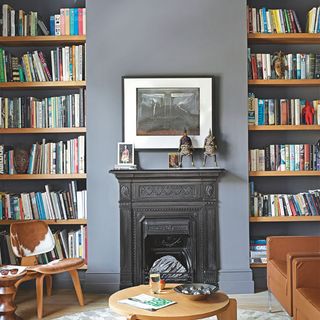 living room with fireplace and books shelves