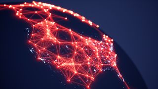 An abstract, glowing map of the USA with California emphasized to represent the San Francisco AI Safety Summit.