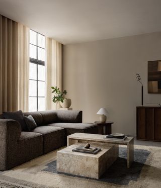 A living room with gray sofa, blue and beige rug and beige walls