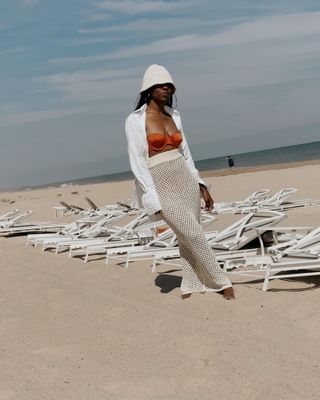 Woman wearing a Greece summer outfit.