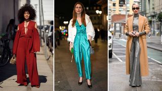 A composite of three street style influencers wearing Christmas party outfits - a jumpsuit