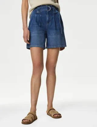 M&S Collection, Denim Pleat Front Belted Shorts