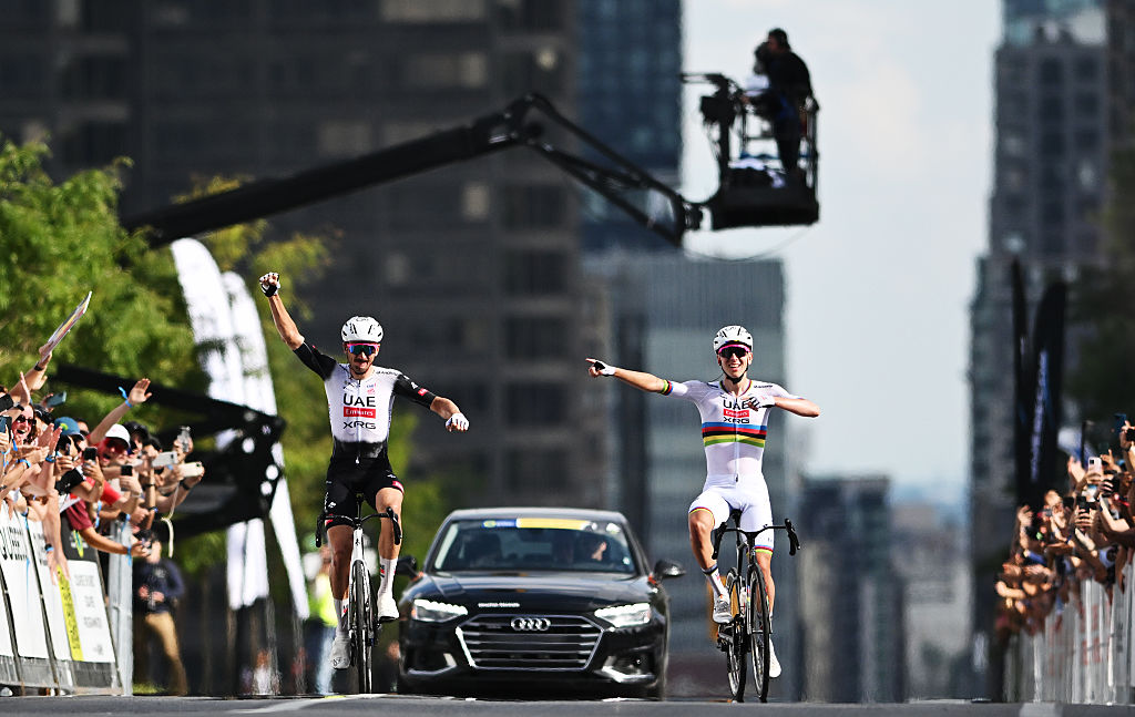 2025 Grand Prix de Montr&amp;eacute;al: Tadej Poga&amp;#269;ar crosses the line alongside teammate Brandon McNulty