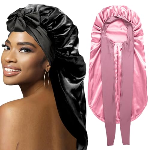 2pcs Bonnets for Black Women Braid Bonnet, Large Long Satin Bonnet for Braids, Silk Bonnet With Stretchy Tie Band Sleep Cap Hair (2pcs-Black&rose Pink)