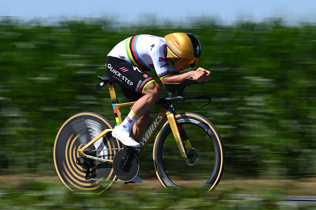 CAEN, FRANCE - JULY 09: Remco Evenepoel of Belgium and Team Soudal Quick-Step competes during the 112th Tour de France, Stage 5 a 33km individual time trial stage from Caen to Caen / #UCIWT / on July 09, 2025 in Caen, France. (Photo by Dario Belingheri/Getty Images)