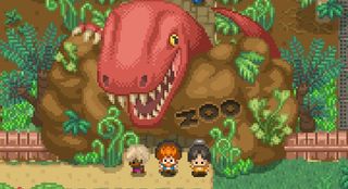 three chibi character sprites standing in front of a T-Rex diorama with the word "Zoo" written on it