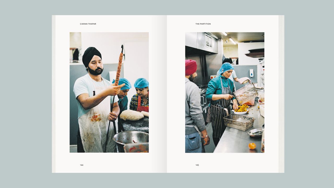 Inside page of book on London&#039;s food culture, images of chefs in a kitchen setting, busy making food