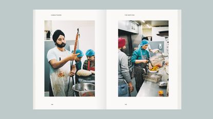 Inside page of book on London's food culture, images of chefs in a kitchen setting, busy making food