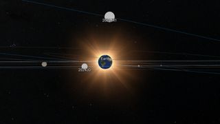 an illustration of the solar system showing two rocks flying close by earth
