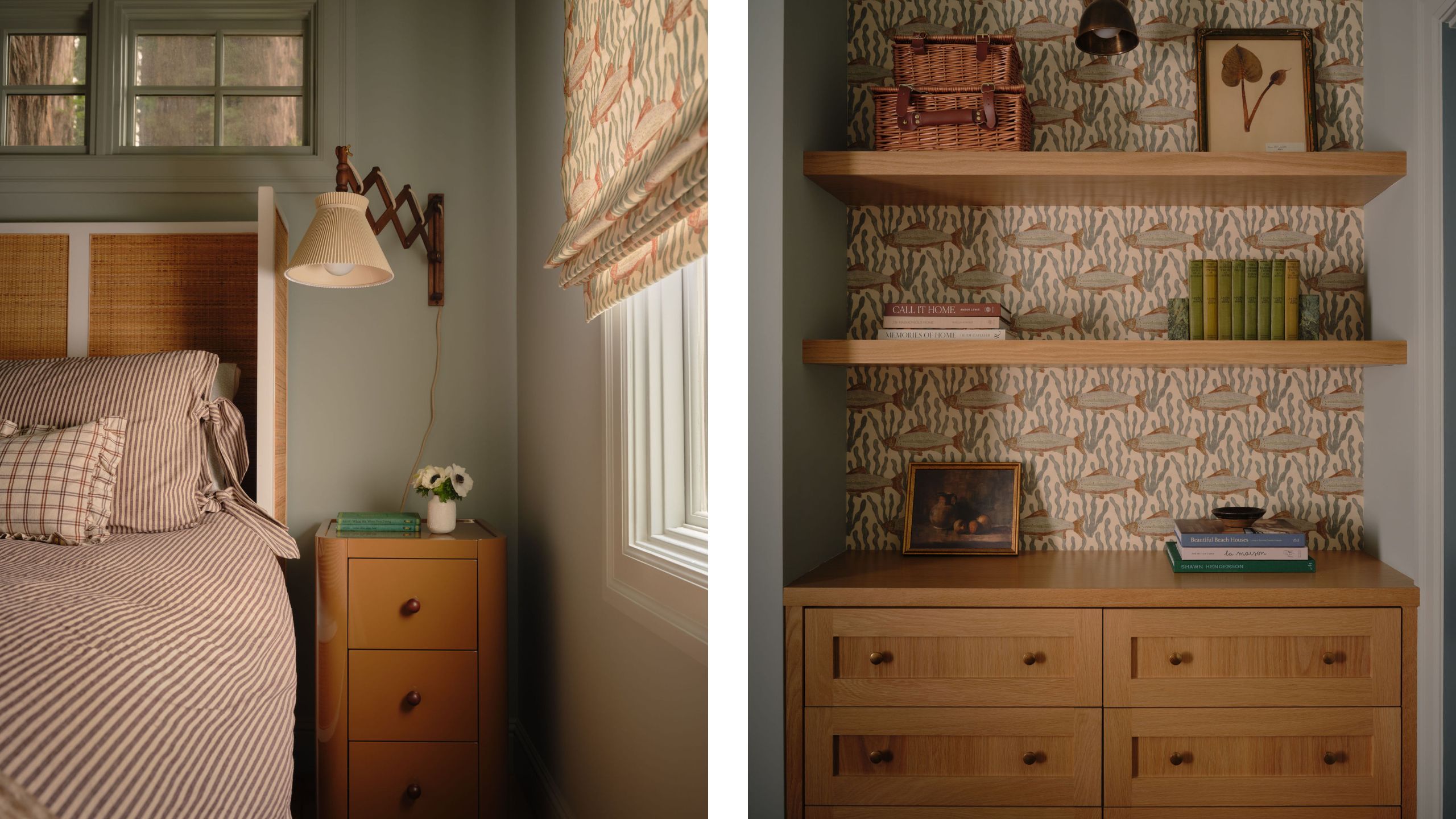 two side by side images of a pale blue bedroom with cane woven bed, striped linens, wooden scissor lamp, and fish printed wallpaper and matching blind