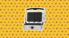 Cuisinart 2-in-1 Waffle and Pancake maker on yellow background with various food emoji emoticons