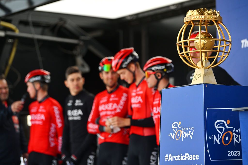 KAUTOKEINO NORWAY AUGUST 17 Detailed view of the trophy of the 10th Arctic Race of Norway during stage 1 a 171km stage from Kautokeino to Alta UCIWT on August 17 2023 in Kautokeino Norway Photo by Luc ClaessenGetty Images