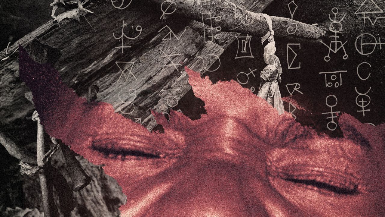 Photo collage of symbols of witchcraft arrayed together on a layer that&#039;s tearing off to reveal a close-up photo of a woman screaming in anguish.