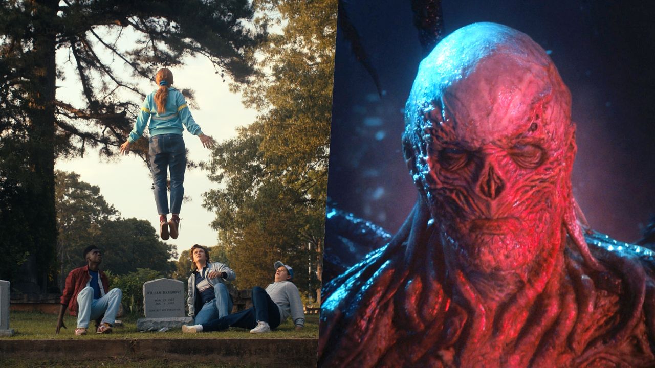 Max raised in the air and Vecna in Stranger Things 4