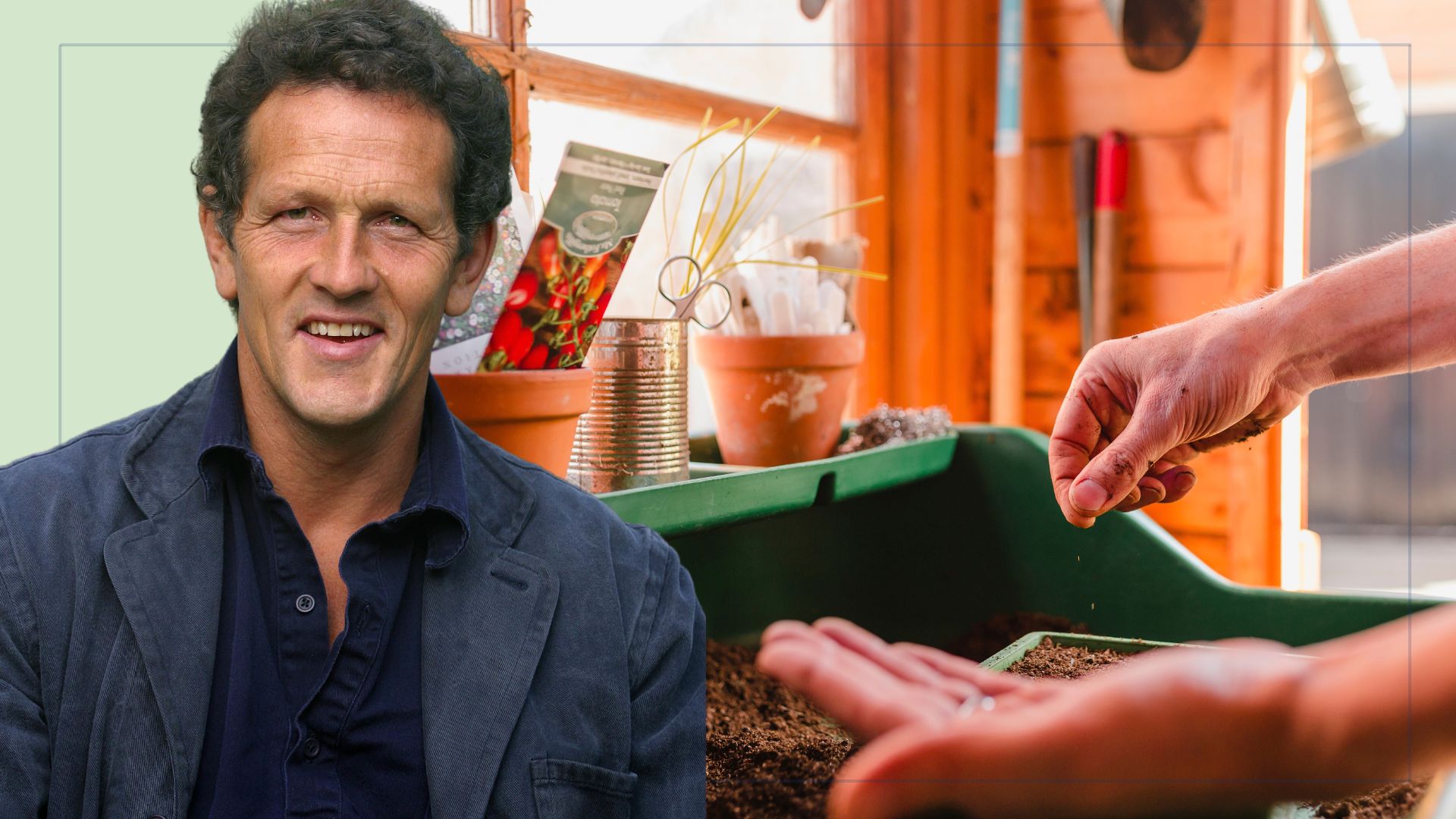 picture of person sowing seeds into tray and cut out of monty don over top