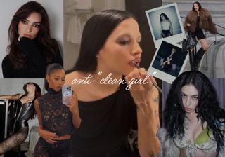 a collage of celebrity and fashion influencer images featuring 2024's anti-"clean girl" trend