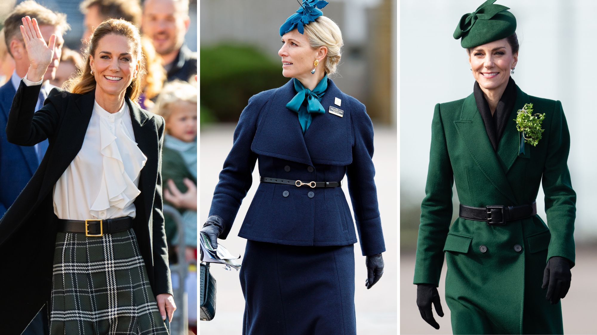 A composite of pictures of Kate Middleton in October 2026, Zara Tindall in March 2026 and Kate Middleton in March 2026, all wearing belts