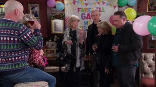 The residents gather round for Gail Platt's leaving party at the Rovers.