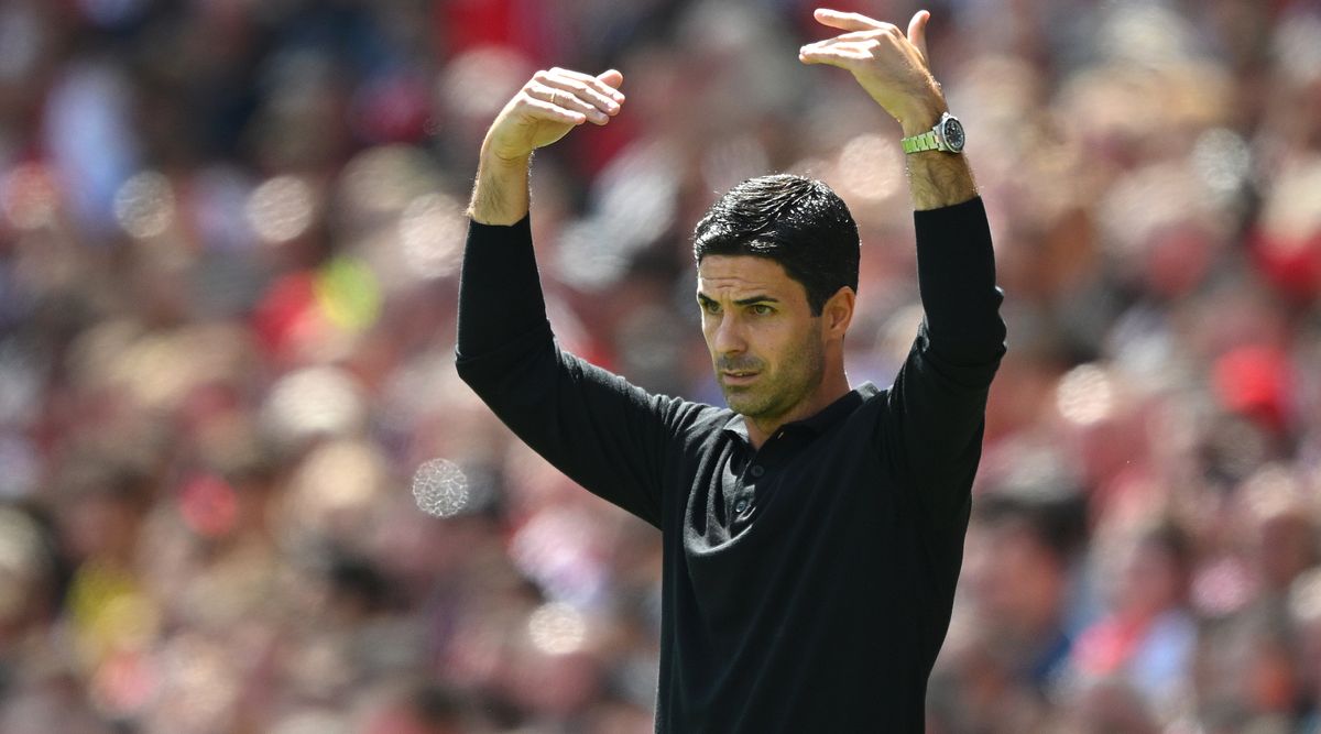 Arsenal manager Mikel Arteta gesticulates during a match