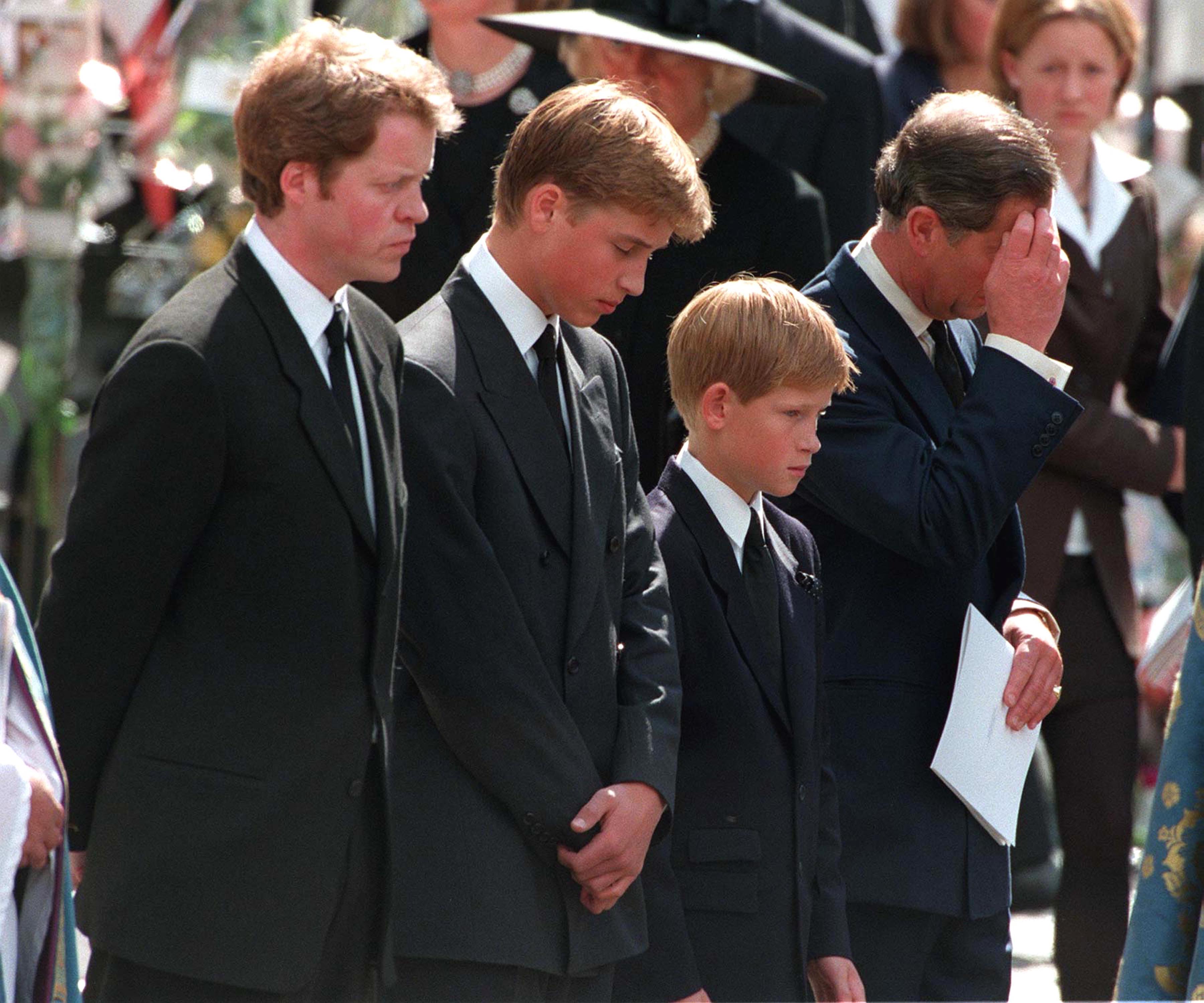 Charles Spencer, Prince William, Prince Harry and Prince Charles at Princess Diana's funeral
