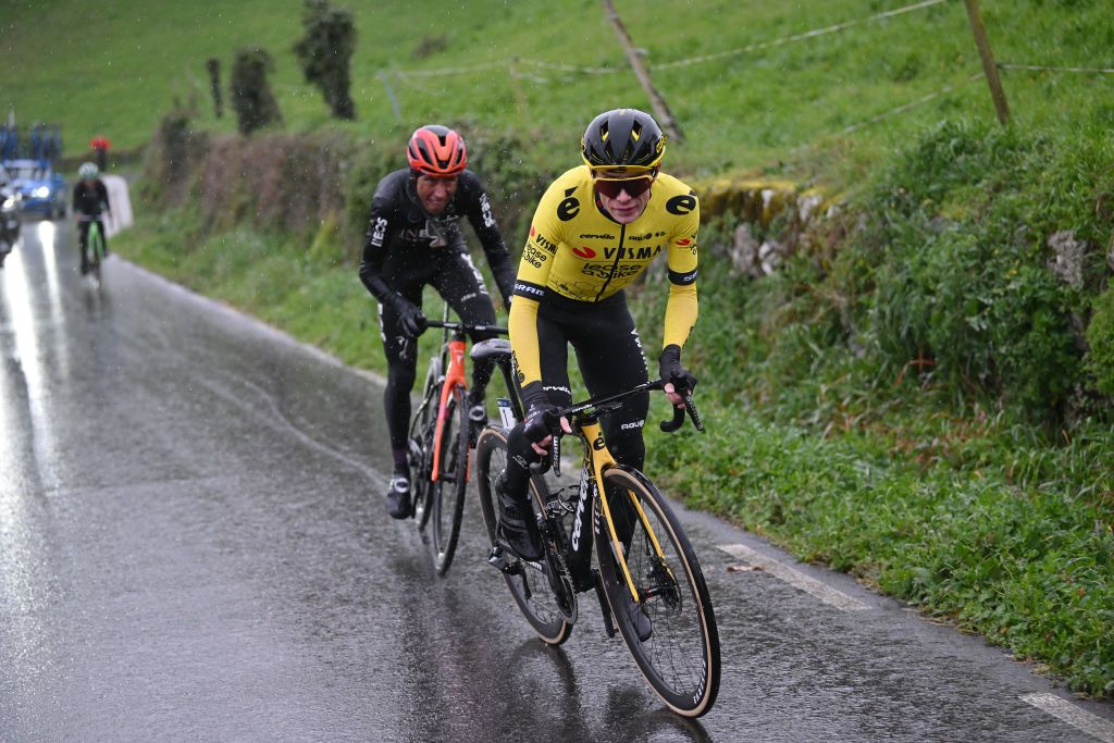 CHANTADA SPAIN FEBRUARY 23 LR Egan Bernal of Colombia and Team INEOS Grenadiers and Jonas Vingegaard of Denmark and Team Visma Lease a Bike compete in the breakaway during the 3rd O Gran Camio The Historical Route 2024 Stage 2 a 1512km stage from Taboada to Chantada 481m on February 23 2024 in Chantada Spain Photo by Dario BelingheriGetty Images
