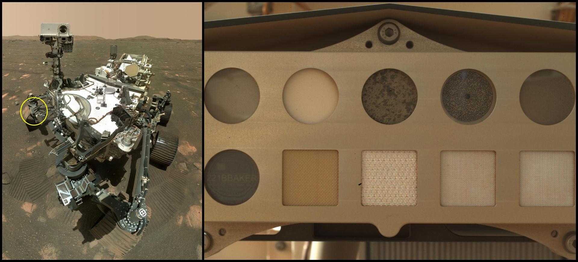 two images: a four-wheeled robot on a dusty, reddish-brown surface (left), and a series of ten different small circular windows each containing a different pattern of lines (right)