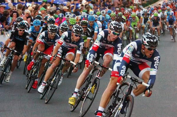The Lotto-Belisol squad kicks its lead-out train into high gear for Greipel.
