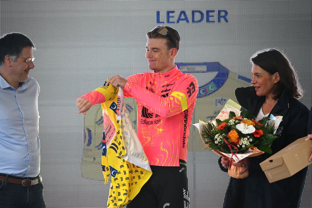 SAINTJEANDEMONTS FRANCE APRIL 02 Marijn van den Berg of The Netherlands and Team EF Education EasyPost celebrates at podium as Yellow Leader Jersey winner during the 70th Region Pays de la Loire Tour 2024 Stage 1 a 2105km stage from FontenayleComte to SaintJeandeMonts on April 02 2024 in SaintJeandeMonts France Photo by Dario BelingheriGetty Images