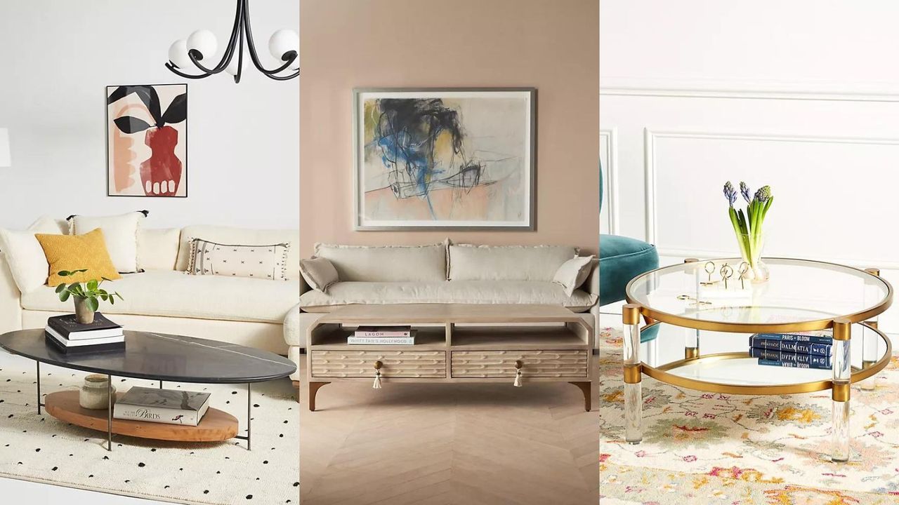 A three panel image of Anthropologie&#039;s latest storage coffee tables