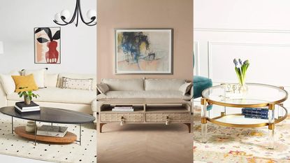 A three panel image of Anthropologie's latest storage coffee tables