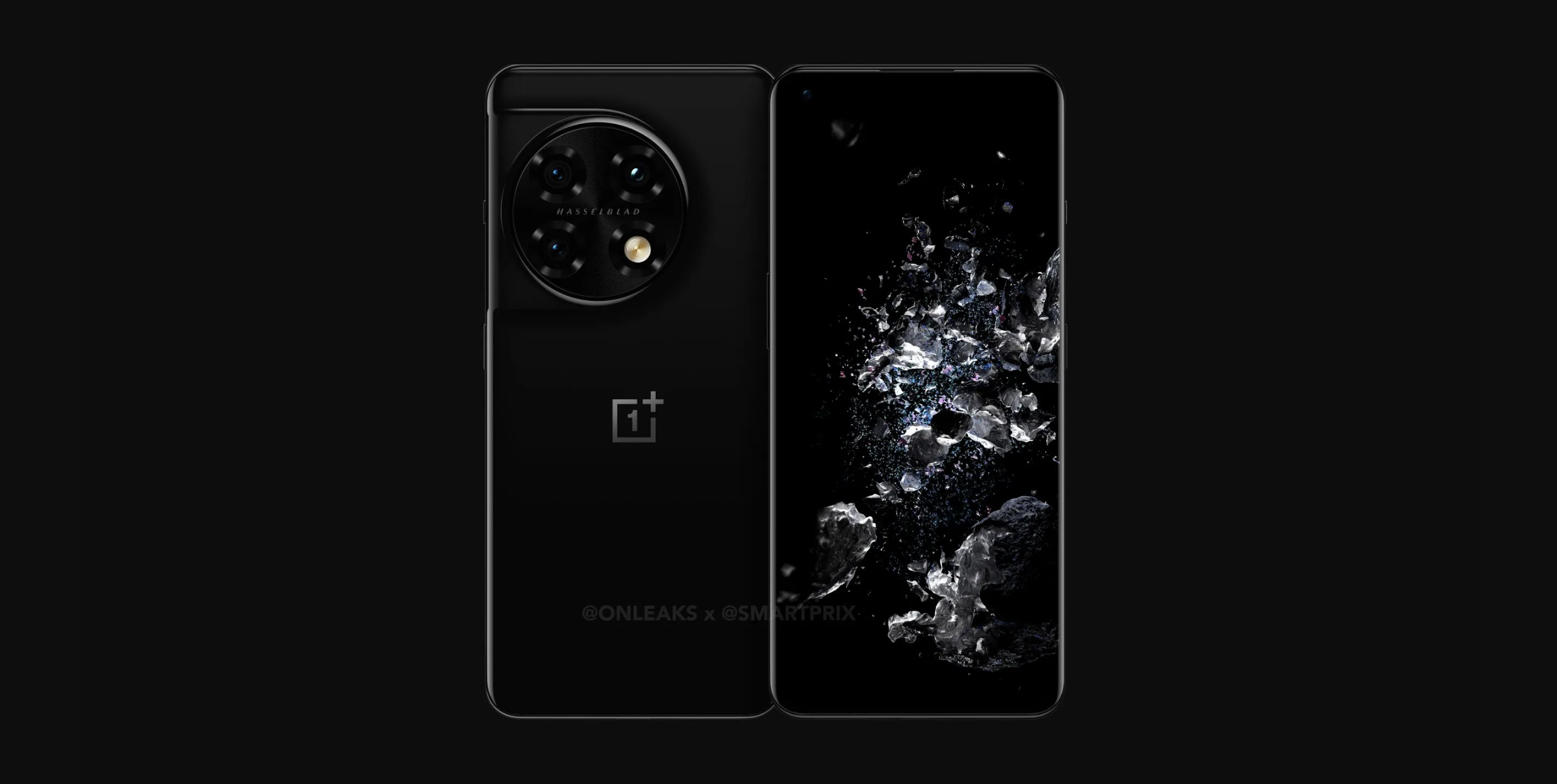 Ein angebliches Rendering des OnePlus 11 Pro in Schwarz auf einem dunkelgrauen Hintergrund