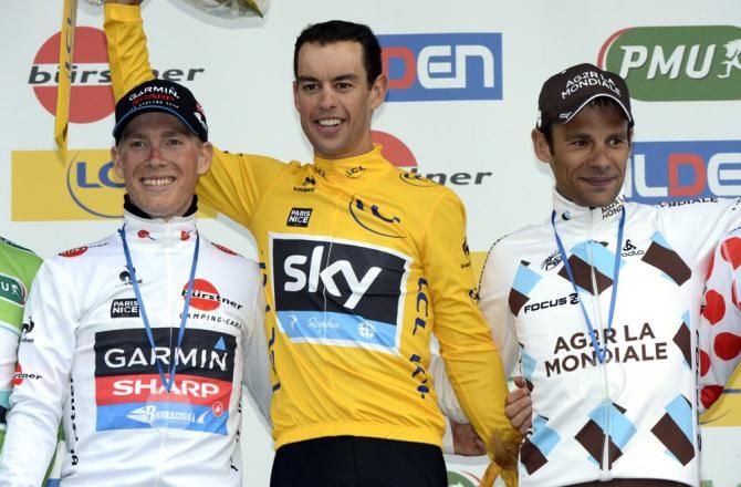 2013 Paris-Nice final podium (L-R): Andrew Talansky (Garmin-Sharp), 2nd; Richie Porte (Sky), 1st; Jean-Christophe Peraud (AG2R La Mondiale), 3rd