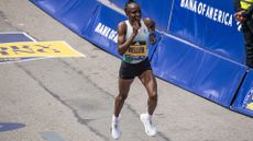 Hellen Obiri of Kenya takes first place in the women's professional field during the 128th Boston Marathon in Boston, Massachusetts, on April 15, 2024. The marathon includes around 30,000 athletes from 129 countries running the 26.2 miles from Hopkinton to Boston, Massachusetts. The event is the world's oldest annually run marathon. (Photo by Joseph Prezioso / AFP)