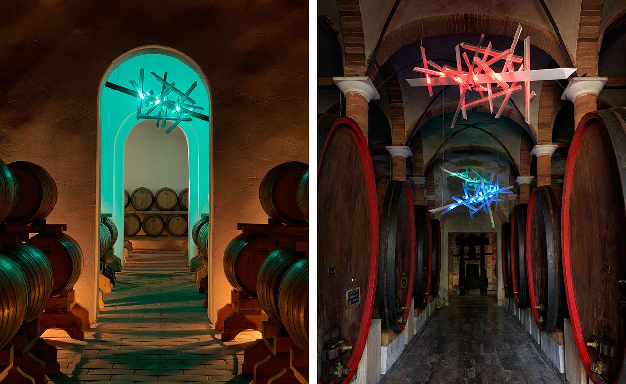 Side by side images of a corridor with small and large distillery barrels. 