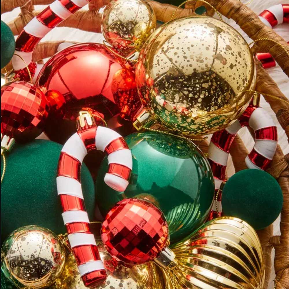 mixed red gold and green Christmas baubles