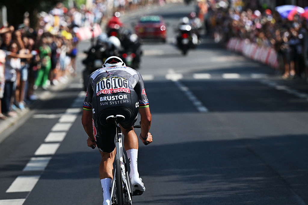 CHATEAUROUX, FRANCE - JULY 13: Mathieu Van Der Poel of Netherlands and Team Alpecin - Deceuninck competes in the breakaway during the 112th Tour de France 2025, Stage 9 a 174.1km stage from Chinon to Chateauroux ) / #UCIWT / on July 13, 2025 in Chateauroux, France.