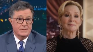 Side by side of Stephen Colbert announcing The Late Show's cancellation and Jean Smart as Deborah Vance in Hacks announcing her departure from late night.