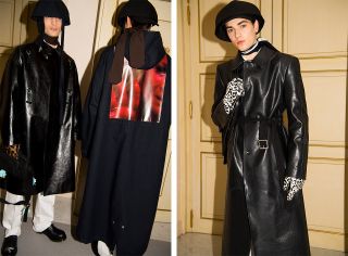 Two individual images alongside, where models have long black coats and hats on