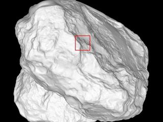 This shape model of comet 67P/Churyumov-Gerasimenko is marked with a red square showing the area captured by Rosetta spacecraft during the close flyby on Feb. 14, 2015.