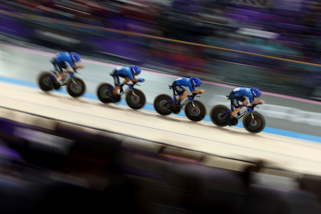 PARIS FRANCE AUGUST 07 Elisa Balsamo Chiara Consonni Martina Fidanza and Vittoria Guazzini of Team Italy compete during the Womens Team Pursuit Finals on day twelve of the Olympic Games Paris 2024 at SaintQuentinenYvelines Velodrome on August 07 2024 in Paris France Photo by Tim de WaeleGetty Images